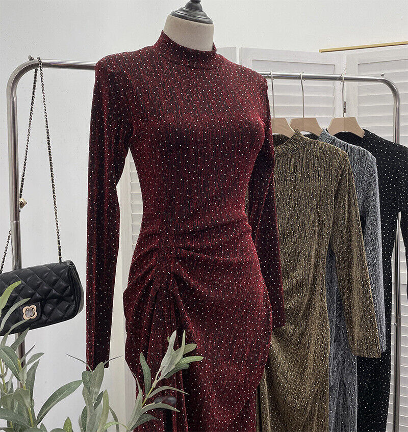 Mujeres Lentejuelas Bodycon Mangas Largas Almohadillas para los Hombros Acanaladas Fiesta Brillo Vestido Dividido - Imagen 26 de 40