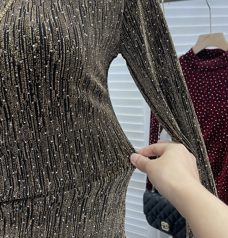 Mujeres Lentejuelas Bodycon Mangas Largas Almohadillas para los Hombros Acanaladas Fiesta Brillo Vestido Dividido - Imagen 32 de 40