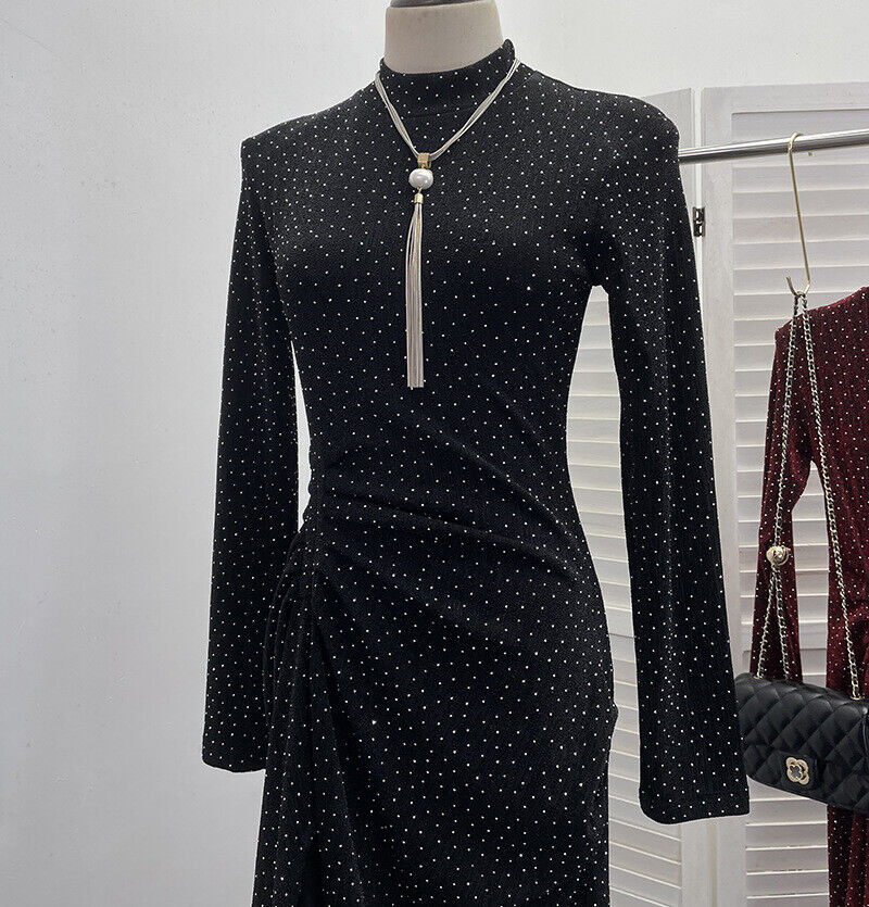 Mujeres Lentejuelas Bodycon Mangas Largas Almohadillas para los Hombros Acanaladas Fiesta Brillo Vestido Dividido - Imagen 40 de 40