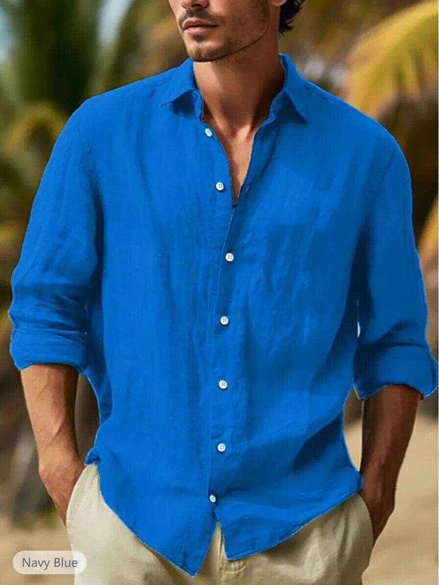 Camisa con botones para hombre manga larga algodón lino camiseta informal verano playa tops - Imagen 13 de 20