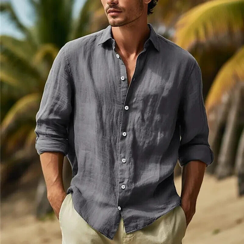 Camisa con botones para hombre manga larga algodón lino camiseta informal verano playa tops - Imagen 15 de 20