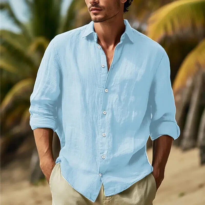 Camisa con botones para hombre manga larga algodón lino camiseta informal verano playa tops - Imagen 19 de 20