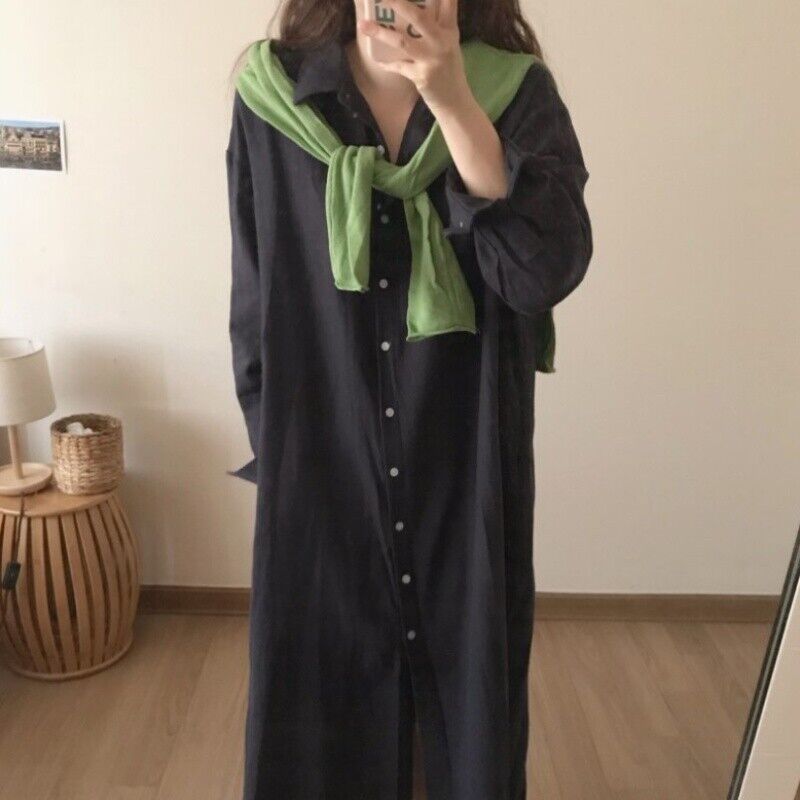 Women Cotton Blend Lapel Shirt Dress Long Sleeve Maxi Dress Button Loose - Imagen 29 de 29