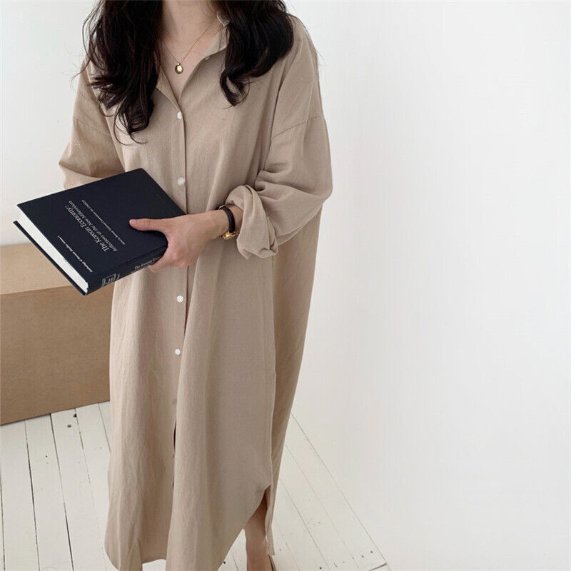 Women Cotton Blend Lapel Shirt Dress Long Sleeve Maxi Dress Button Loose - Imagen 26 de 29