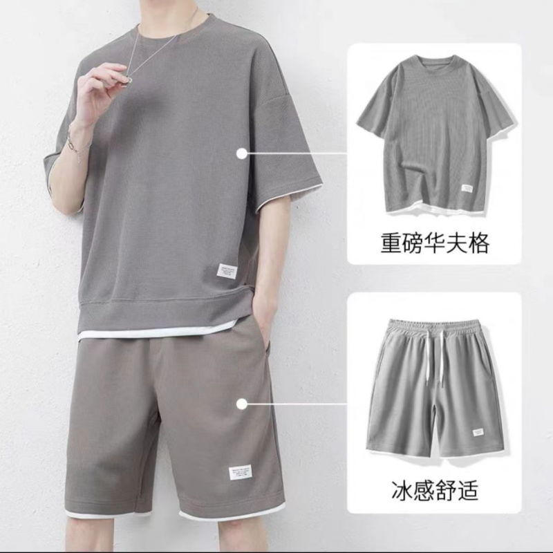 Men's Waffle Shorts Short Sleeve Sports Casual Suit Two-piece Short Sleeve Sets - Picture 15 of 20