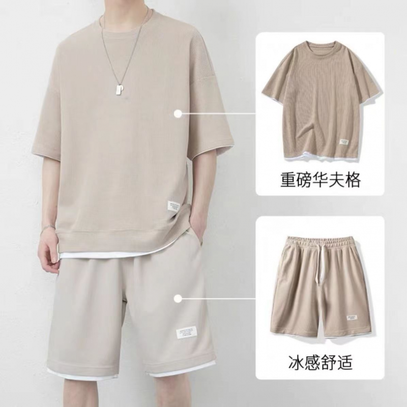 Men's Waffle Shorts Short Sleeve Sports Casual Suit Two-piece Short Sleeve Sets - Picture 18 of 20