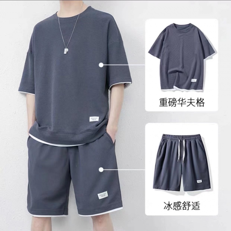 Men's Waffle Shorts Short Sleeve Sports Casual Suit Two-piece Short Sleeve Sets - Picture 17 of 20