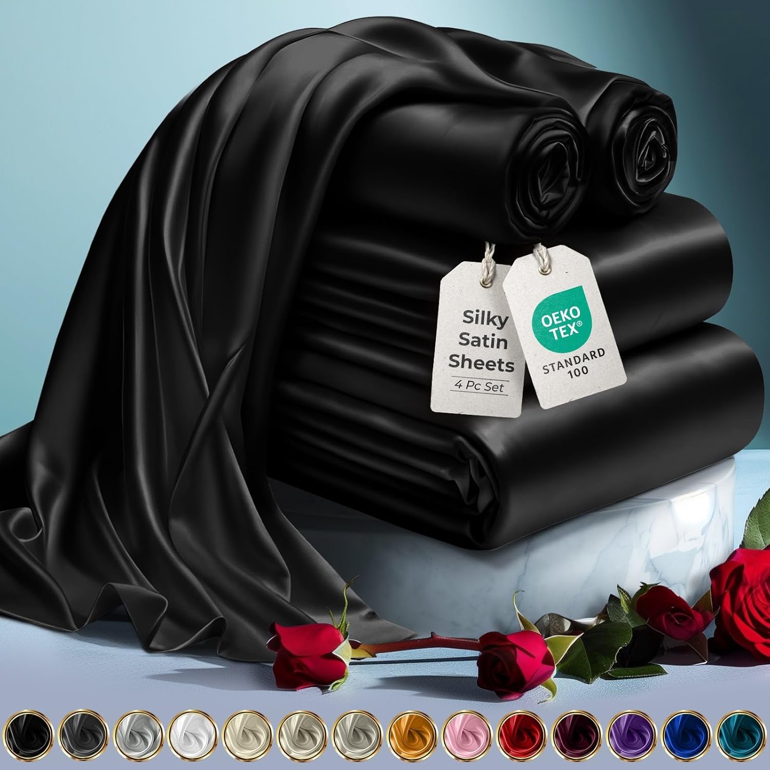 Luxury Satin Bedding Set - Silky Sheets Deep Pocket Wrinkle-Free Skin-Friendly - Picture 25 of 150