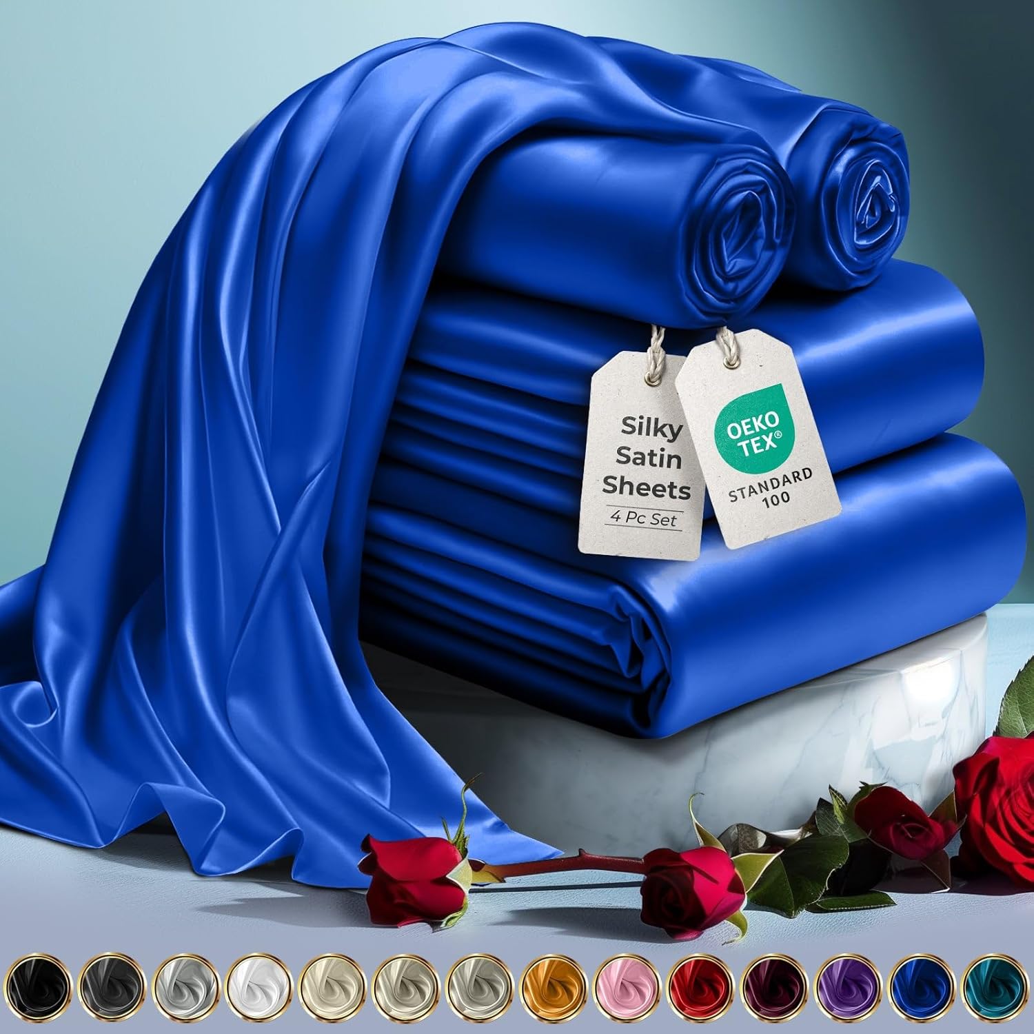 Luxury Satin Bedding Set - Silky Sheets Deep Pocket Wrinkle-Free Skin-Friendly - Picture 37 of 150