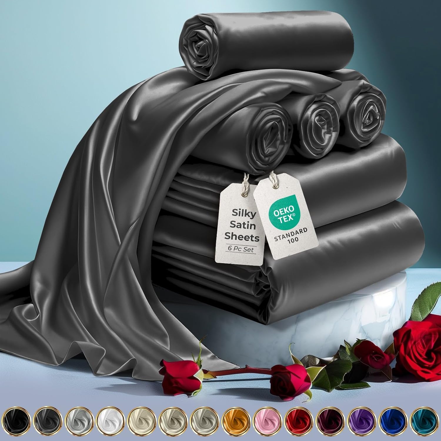 Luxury Satin Bedding Set - Silky Sheets Deep Pocket Wrinkle-Free Skin-Friendly - Picture 43 of 150