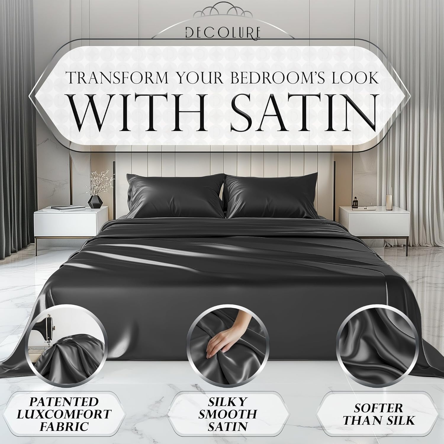 Luxury Satin Bedding Set - Silky Sheets Deep Pocket Wrinkle-Free Skin-Friendly - Picture 44 of 150