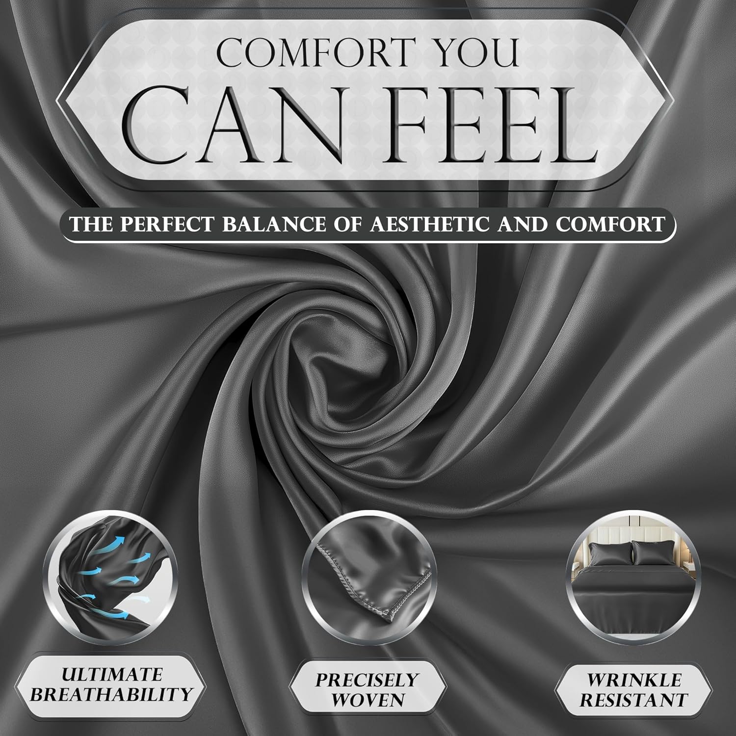 Luxury Satin Bedding Set - Silky Sheets Deep Pocket Wrinkle-Free Skin-Friendly - Picture 45 of 150