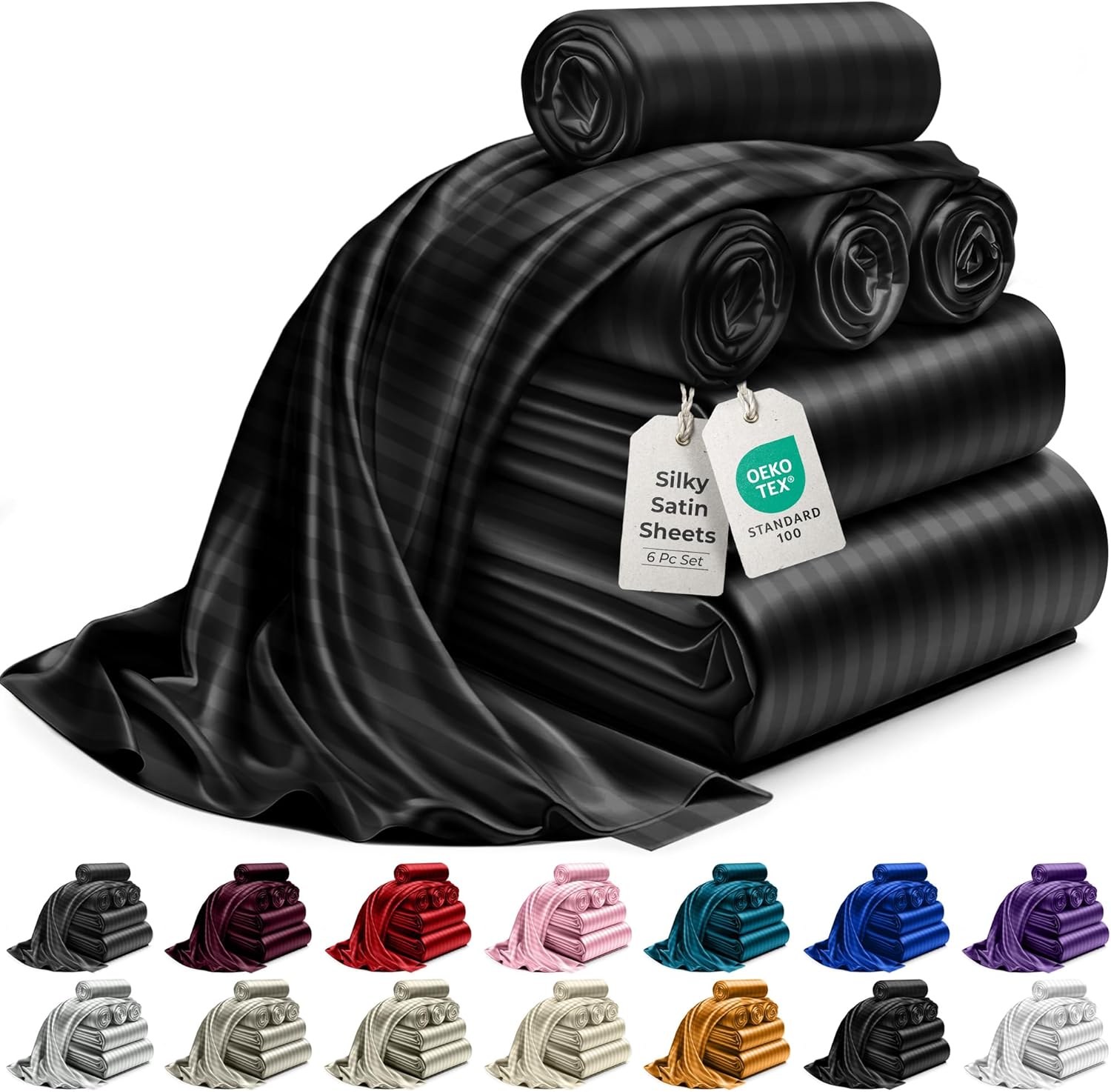 Luxury Satin Bedding Set - Silky Sheets Deep Pocket Wrinkle-Free Skin-Friendly - Picture 49 of 150