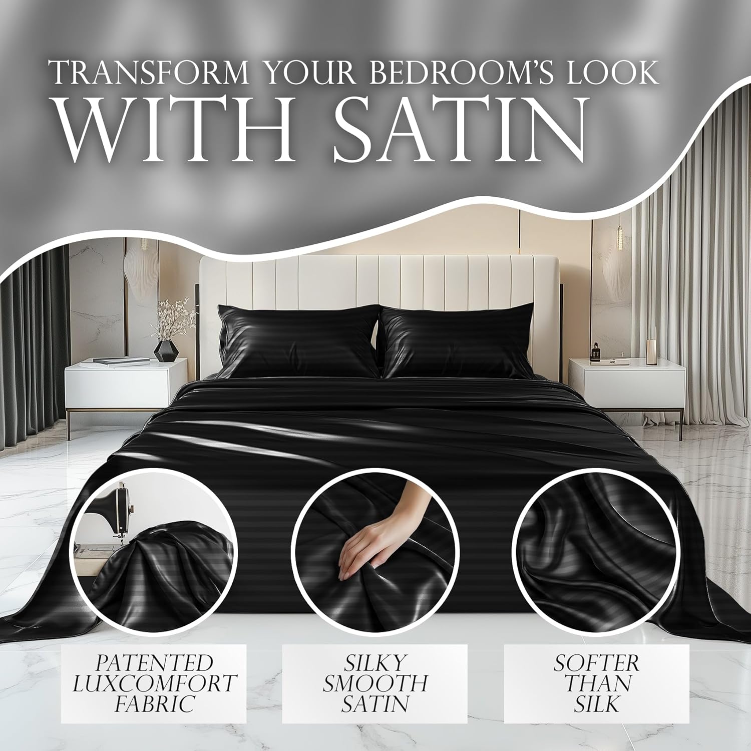 Luxury Satin Bedding Set - Silky Sheets Deep Pocket Wrinkle-Free Skin-Friendly - Picture 50 of 150