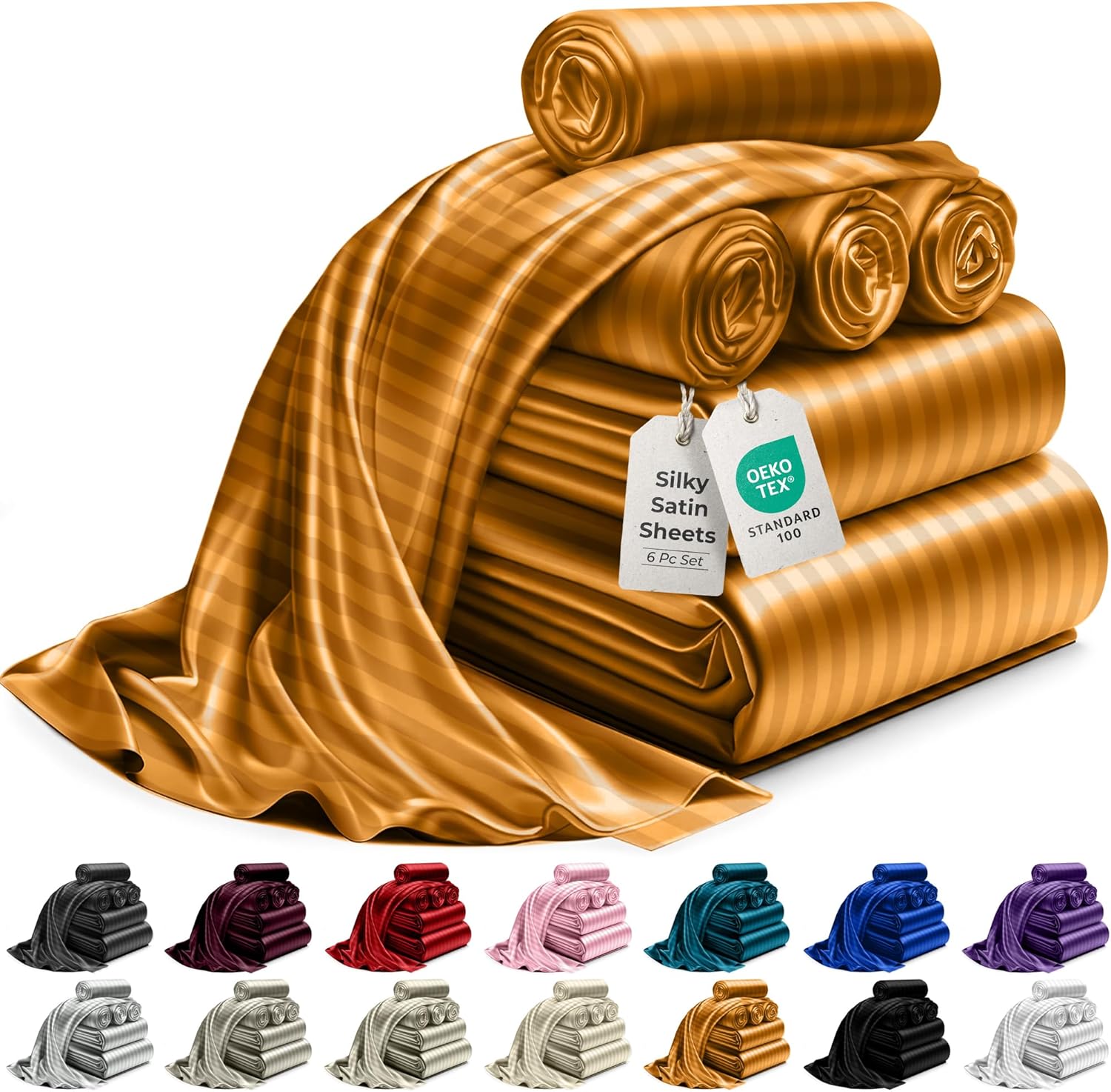 Luxury Satin Bedding Set - Silky Sheets Deep Pocket Wrinkle-Free Skin-Friendly - Picture 61 of 150