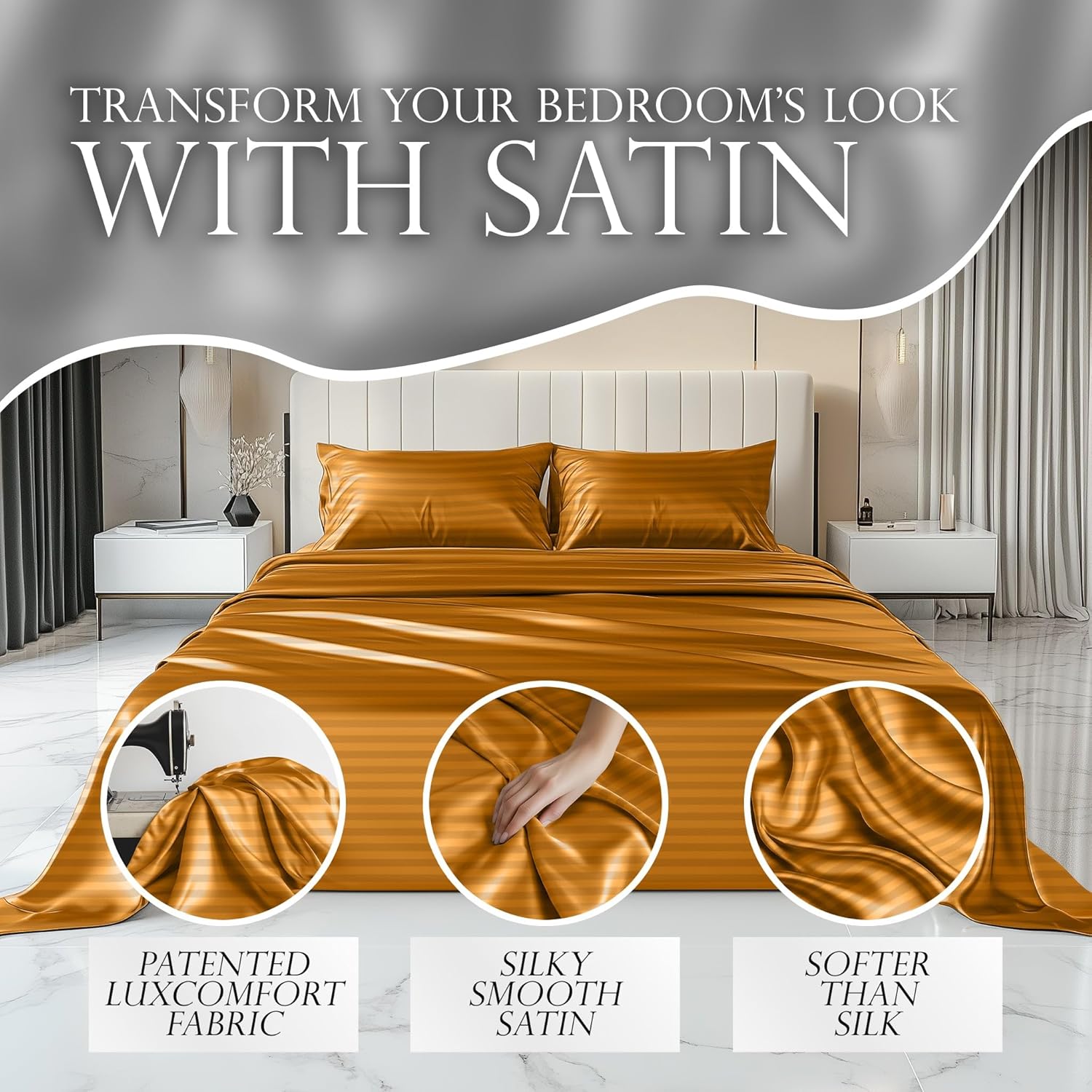 Luxury Satin Bedding Set - Silky Sheets Deep Pocket Wrinkle-Free Skin-Friendly - Picture 62 of 150