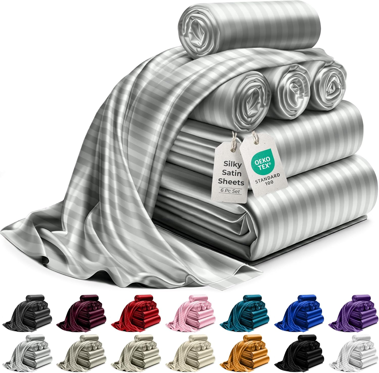 Luxury Satin Bedding Set - Silky Sheets Deep Pocket Wrinkle-Free Skin-Friendly - Picture 67 of 150