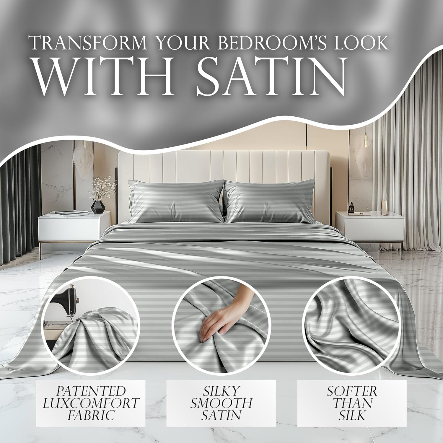 Luxury Satin Bedding Set - Silky Sheets Deep Pocket Wrinkle-Free Skin-Friendly - Picture 68 of 150