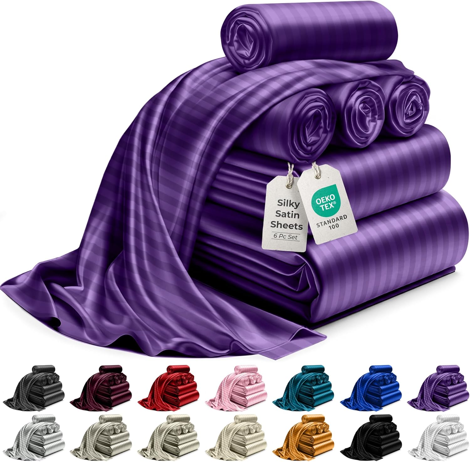 Luxury Satin Bedding Set - Silky Sheets Deep Pocket Wrinkle-Free Skin-Friendly - Picture 73 of 150