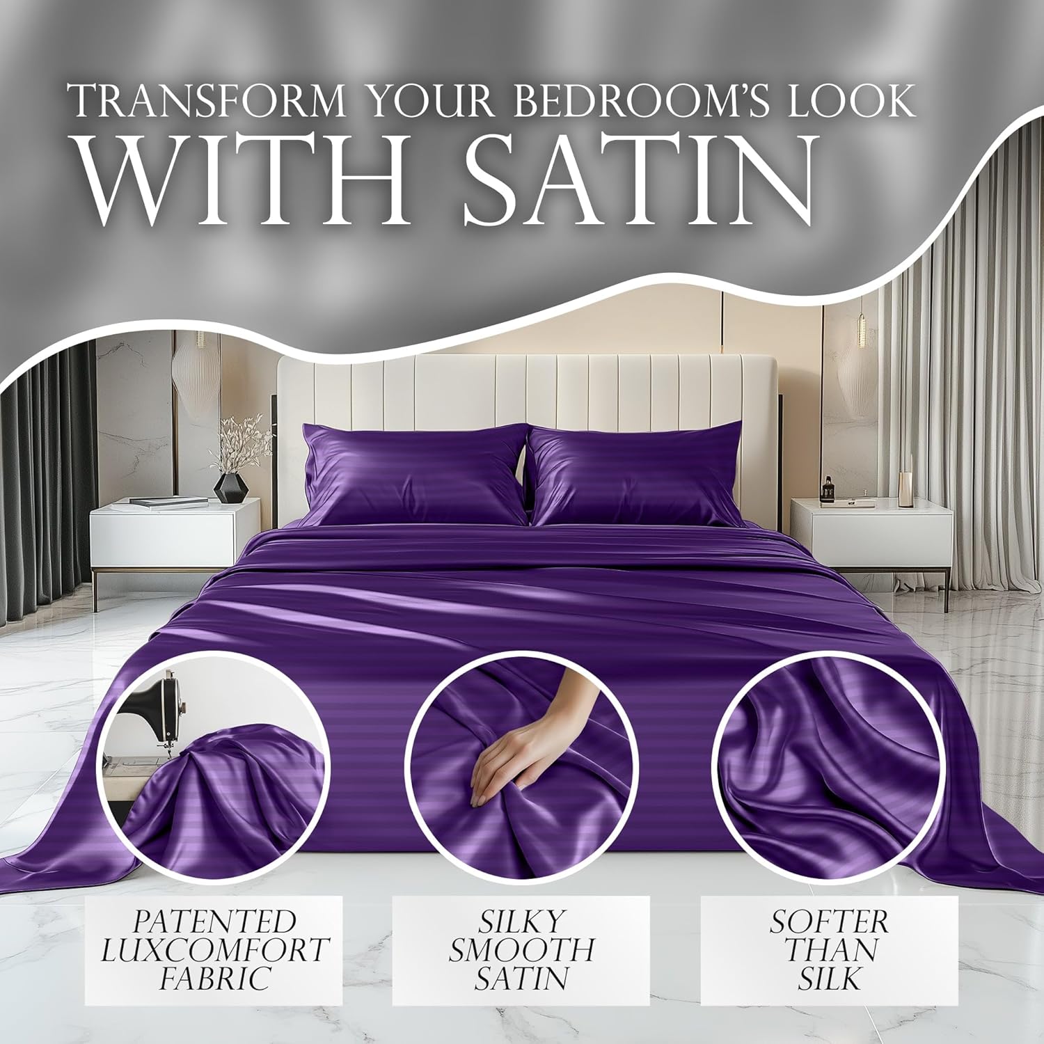 Luxury Satin Bedding Set - Silky Sheets Deep Pocket Wrinkle-Free Skin-Friendly - Picture 74 of 150