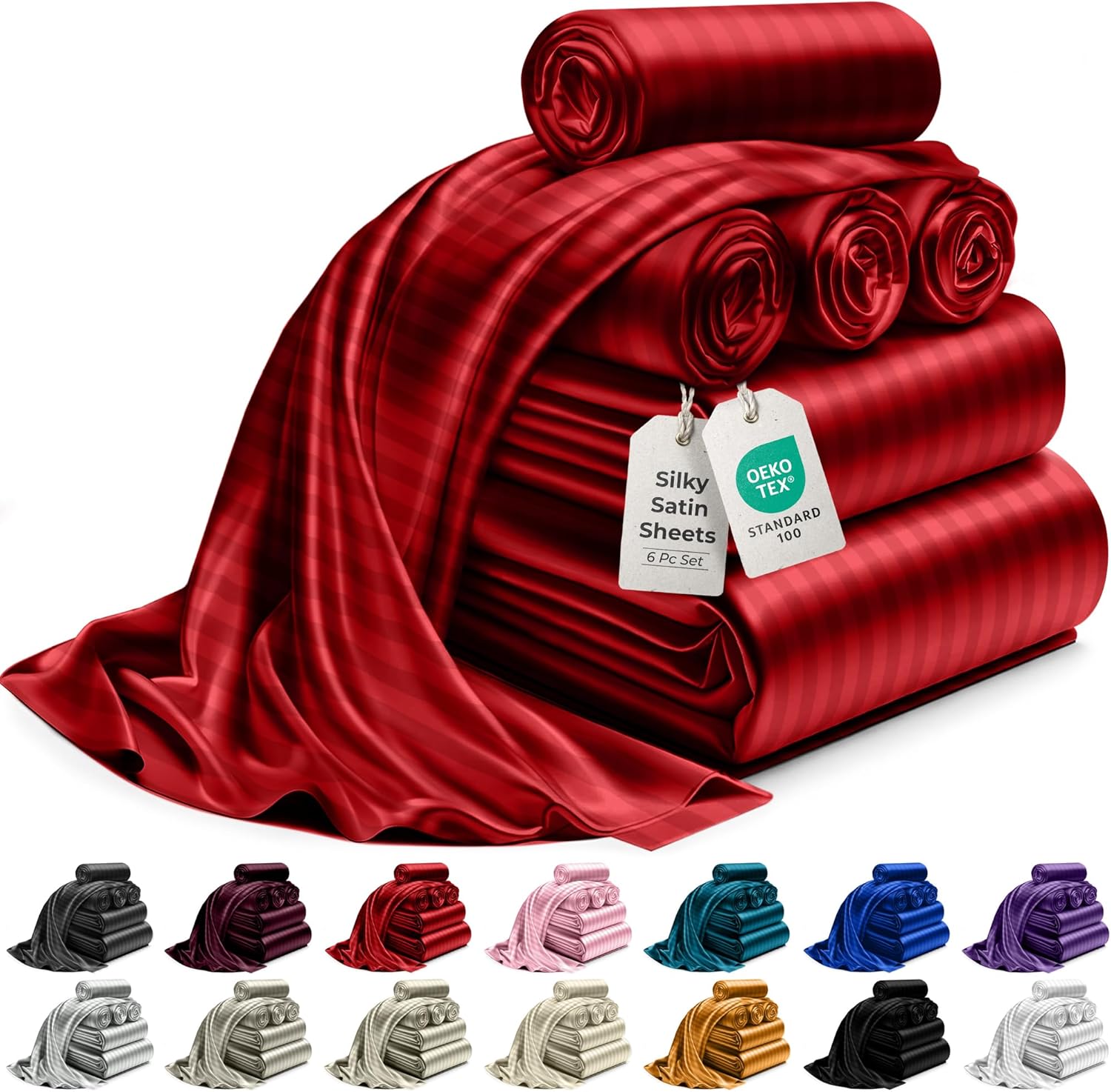 Luxury Satin Bedding Set - Silky Sheets Deep Pocket Wrinkle-Free Skin-Friendly - Picture 79 of 150