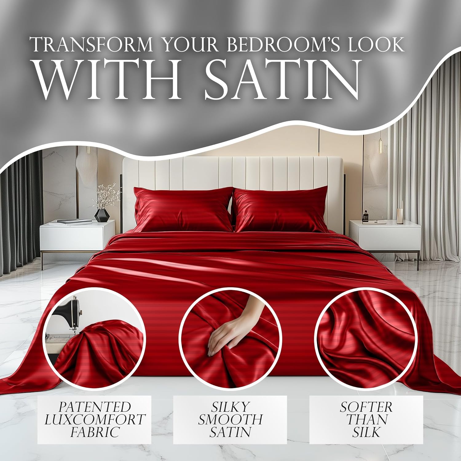 Luxury Satin Bedding Set - Silky Sheets Deep Pocket Wrinkle-Free Skin-Friendly - Picture 80 of 150