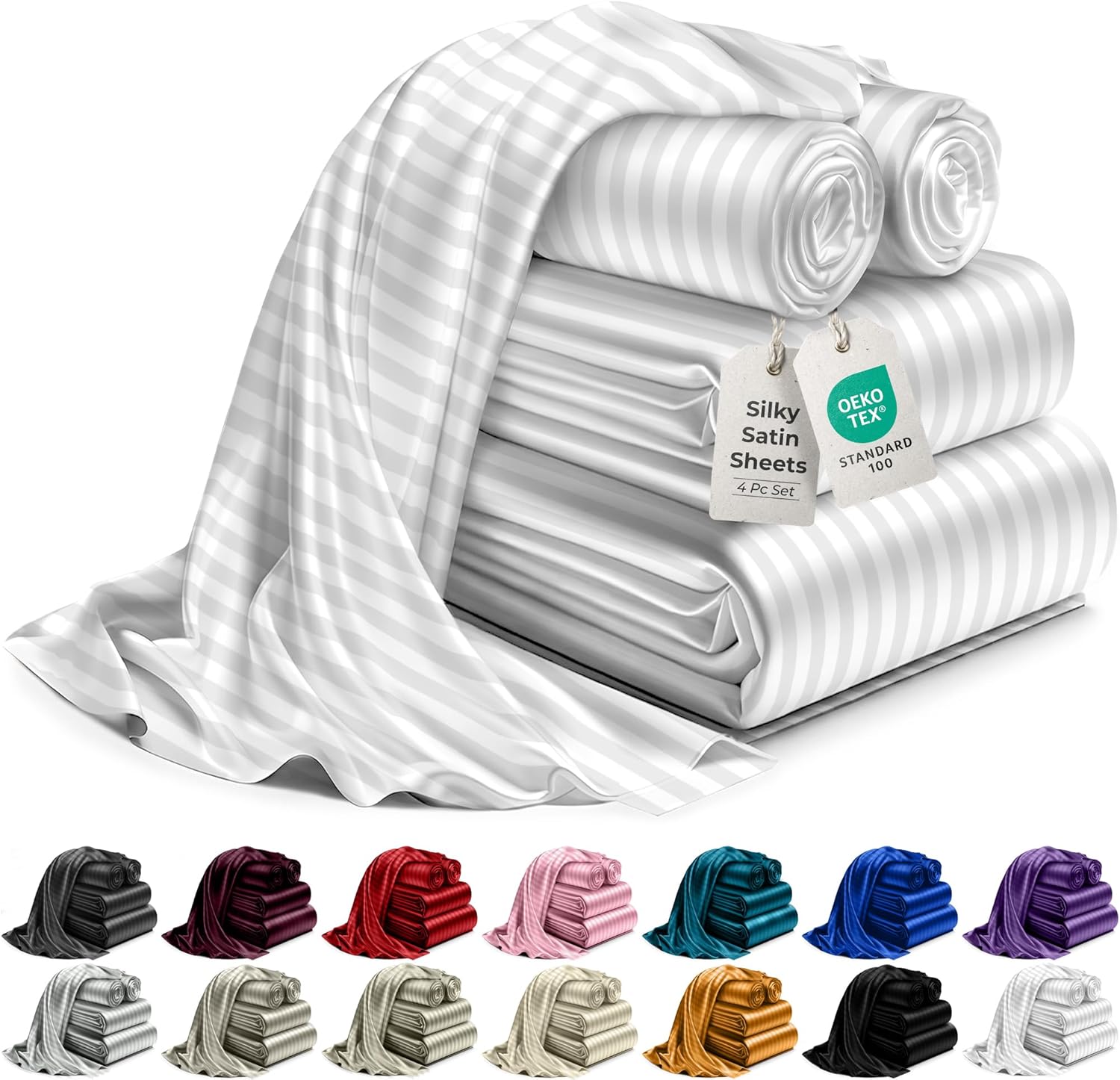 Luxury Satin Bedding Set - Silky Sheets Deep Pocket Wrinkle-Free Skin-Friendly - Picture 85 of 150
