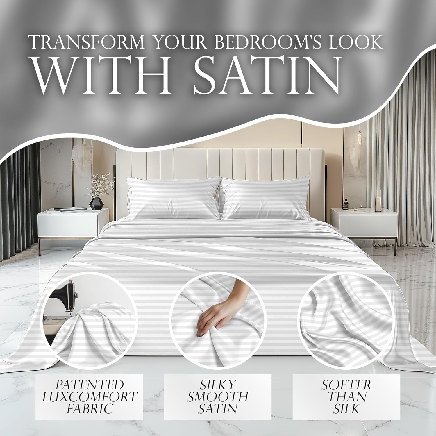 Luxury Satin Bedding Set - Silky Sheets Deep Pocket Wrinkle-Free Skin-Friendly - Picture 86 of 150