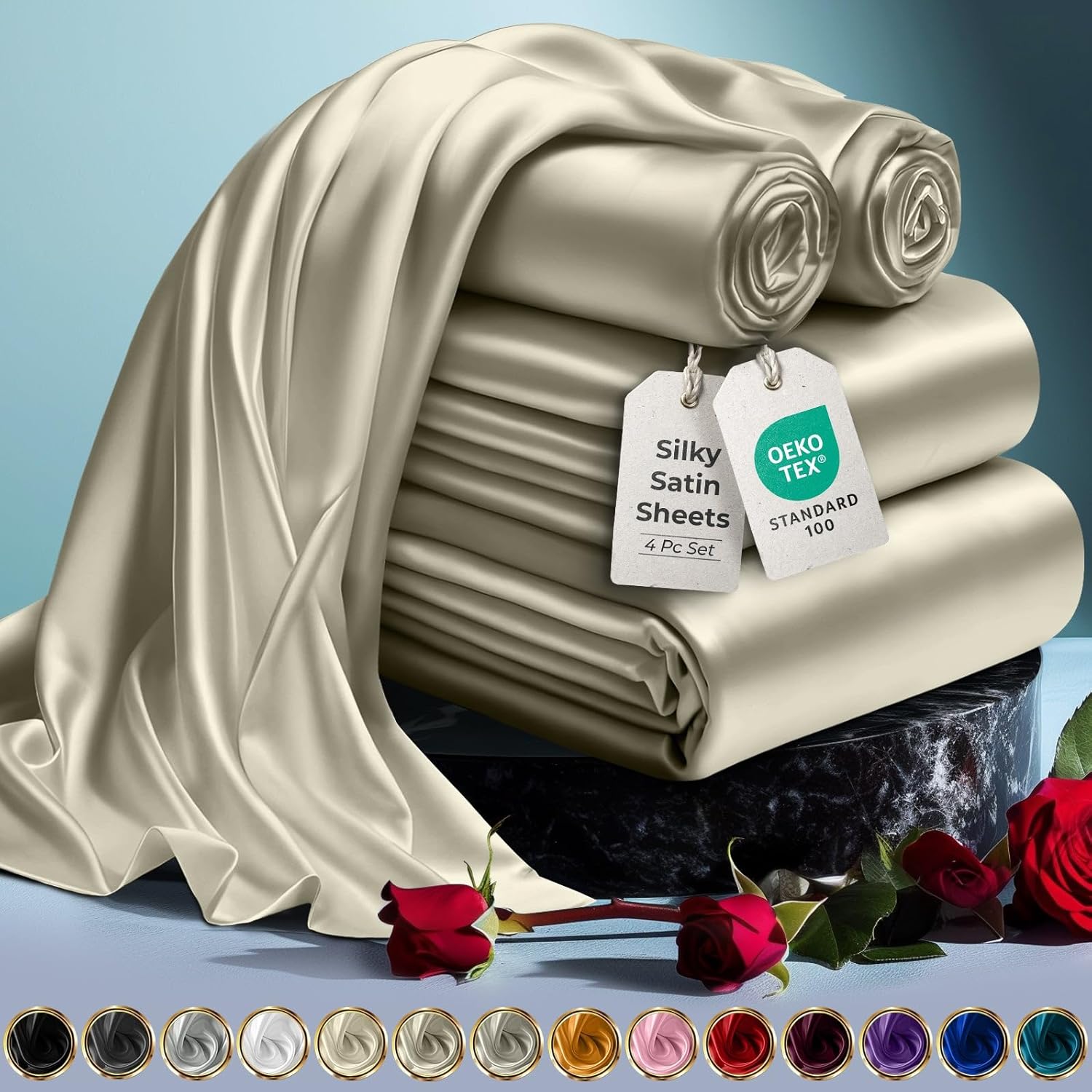 Luxury Satin Bedding Set - Silky Sheets Deep Pocket Wrinkle-Free Skin-Friendly - Picture 91 of 150