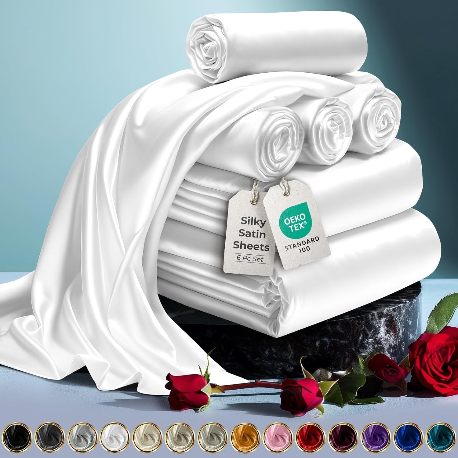 Luxury Satin Bedding Set - Silky Sheets Deep Pocket Wrinkle-Free Skin-Friendly - Picture 97 of 150