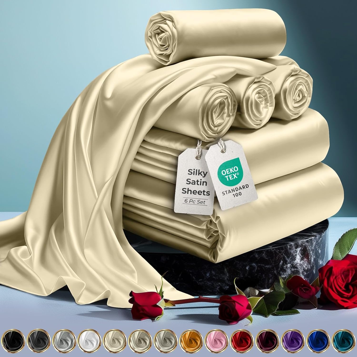 Luxury Satin Bedding Set - Silky Sheets Deep Pocket Wrinkle-Free Skin-Friendly - Picture 103 of 150