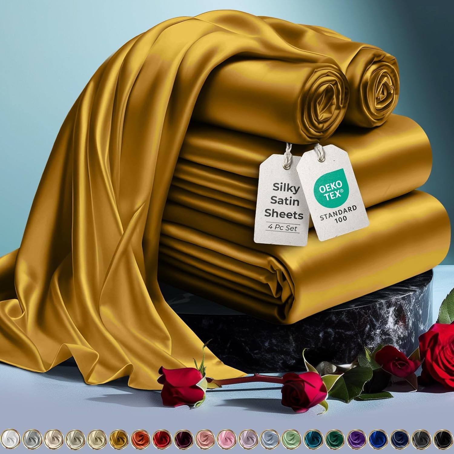 Luxury Satin Bedding Set - Silky Sheets Deep Pocket Wrinkle-Free Skin-Friendly - Picture 109 of 150