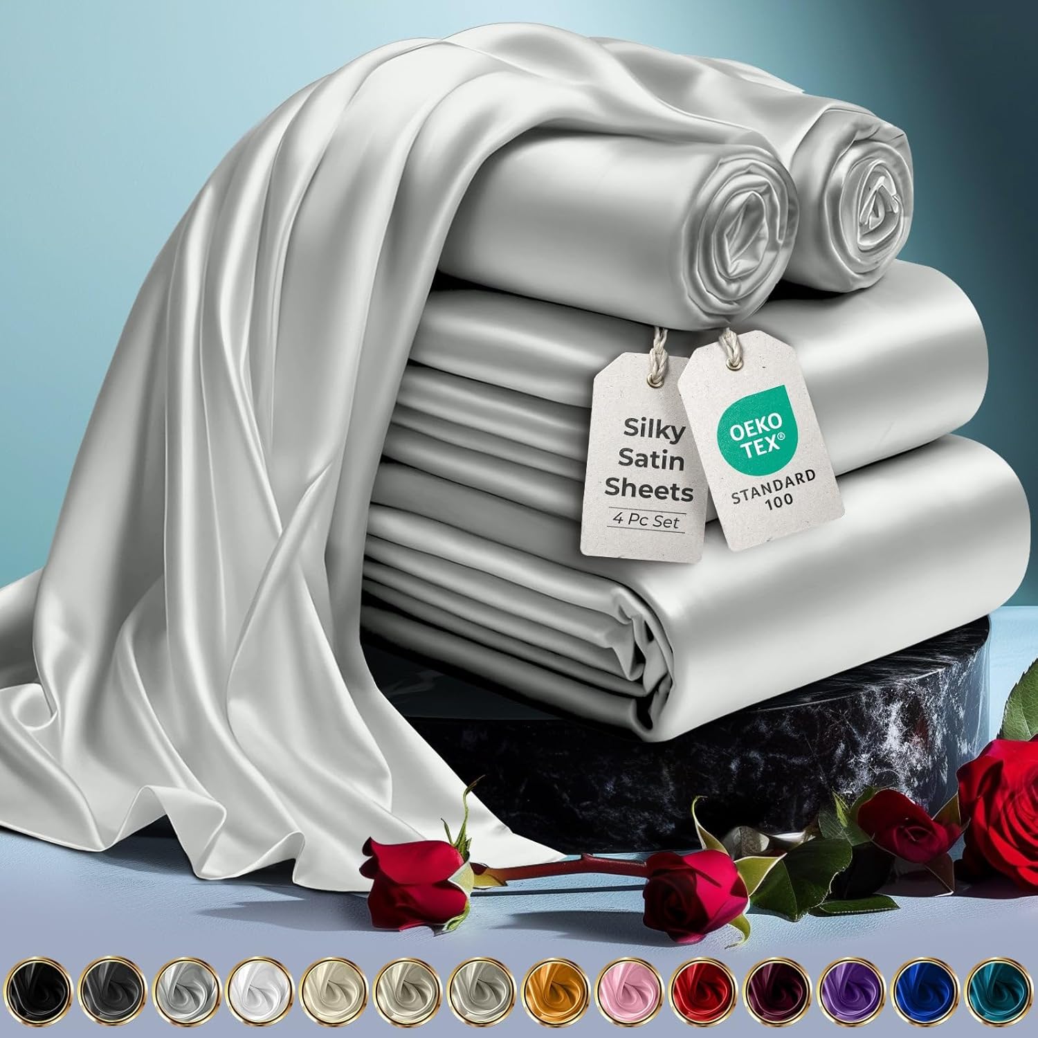 Luxury Satin Bedding Set - Silky Sheets Deep Pocket Wrinkle-Free Skin-Friendly - Picture 115 of 150