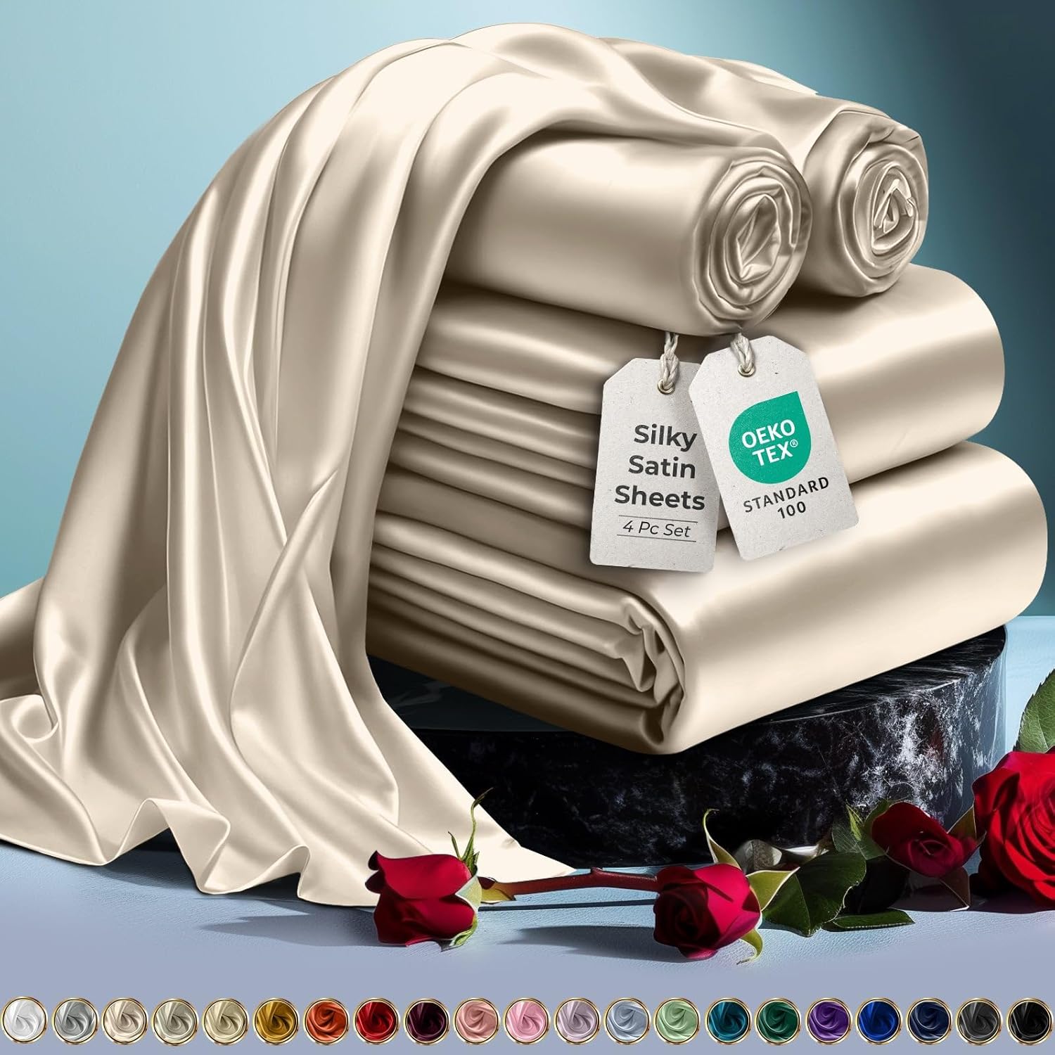 Luxury Satin Bedding Set - Silky Sheets Deep Pocket Wrinkle-Free Skin-Friendly - Picture 121 of 150