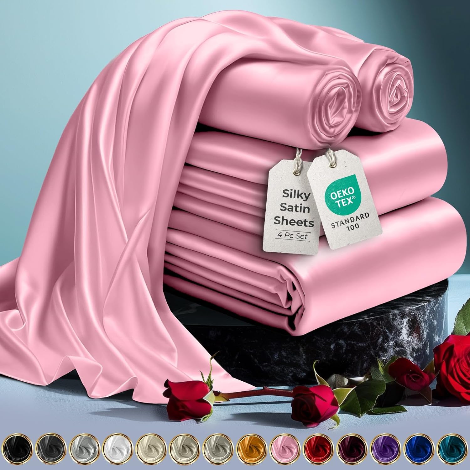 Luxury Satin Bedding Set - Silky Sheets Deep Pocket Wrinkle-Free Skin-Friendly - Picture 127 of 150