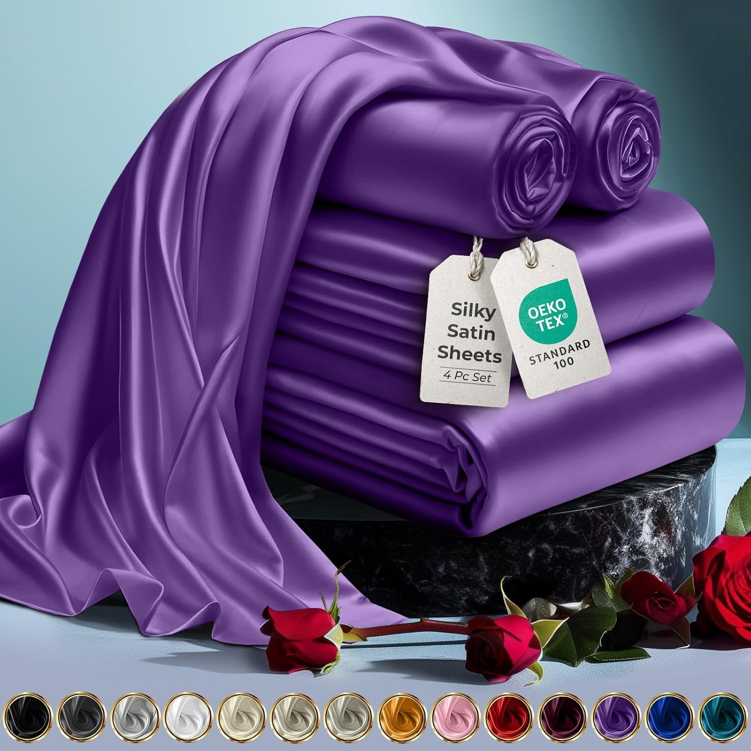Luxury Satin Bedding Set - Silky Sheets Deep Pocket Wrinkle-Free Skin-Friendly - Picture 133 of 150