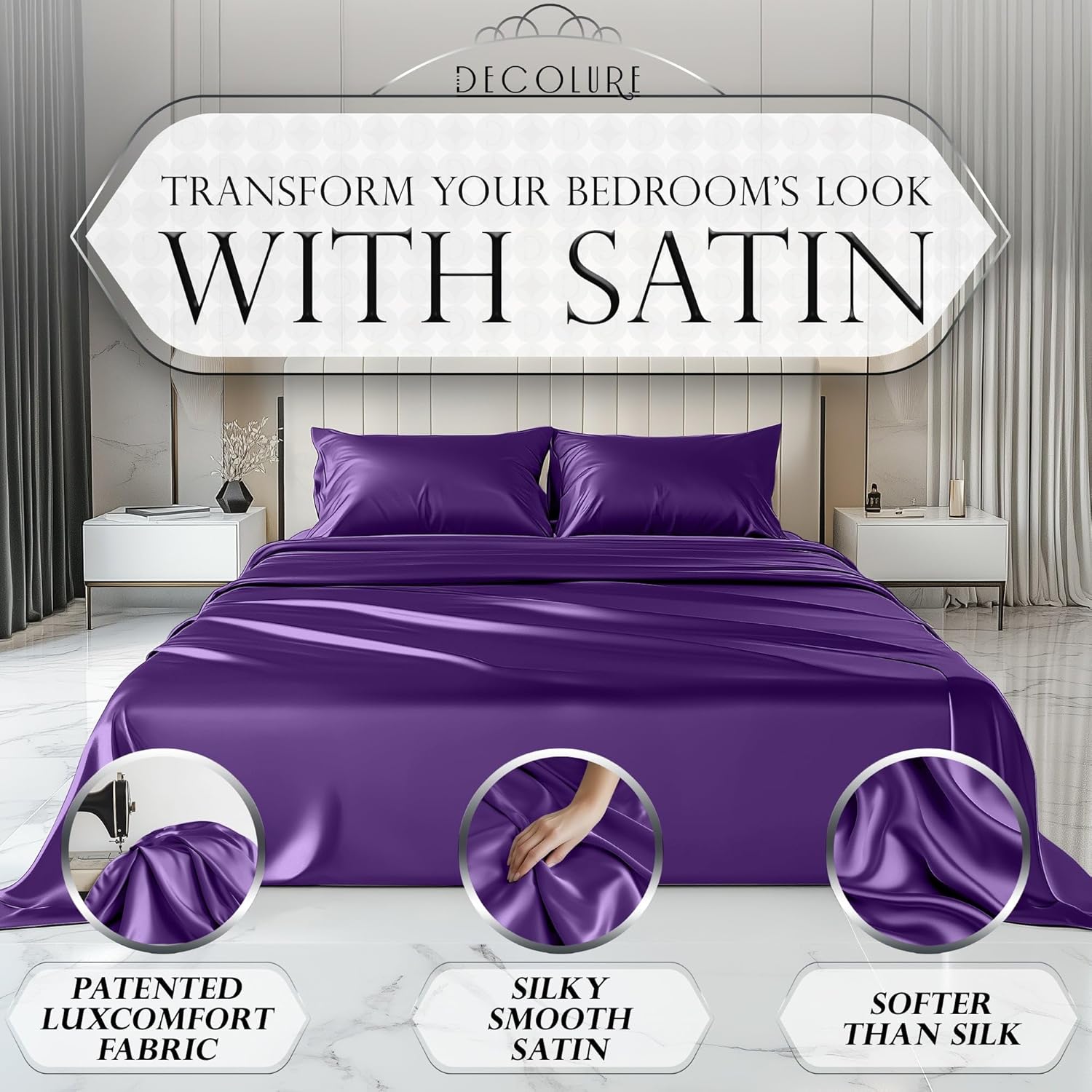 Luxury Satin Bedding Set - Silky Sheets Deep Pocket Wrinkle-Free Skin-Friendly - Picture 134 of 150