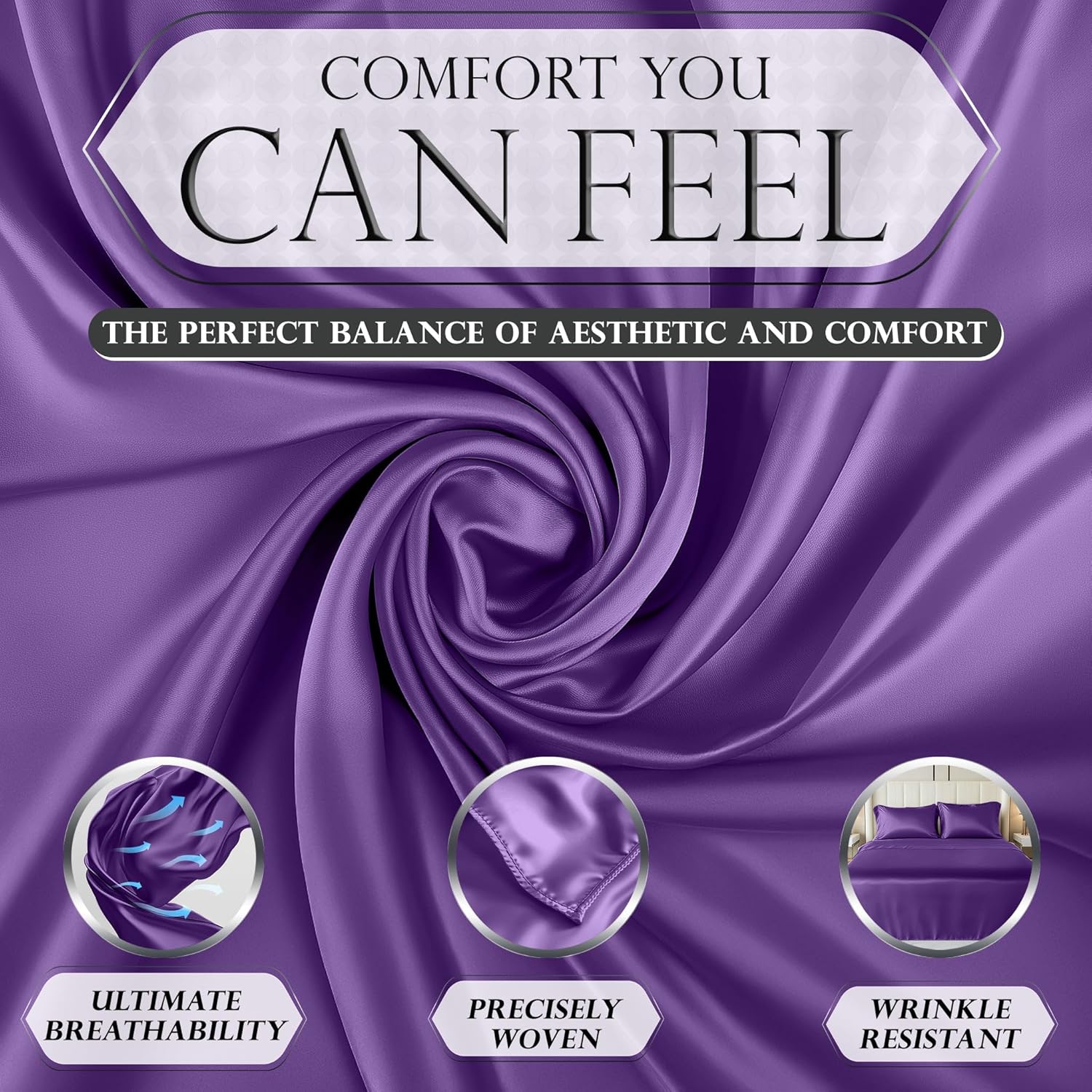 Luxury Satin Bedding Set - Silky Sheets Deep Pocket Wrinkle-Free Skin-Friendly - Picture 135 of 150