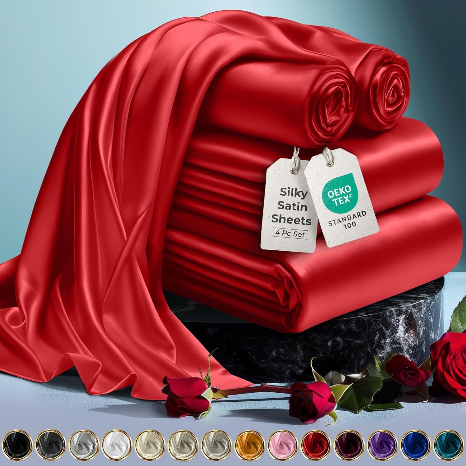Luxury Satin Bedding Set - Silky Sheets Deep Pocket Wrinkle-Free Skin-Friendly - Picture 139 of 150