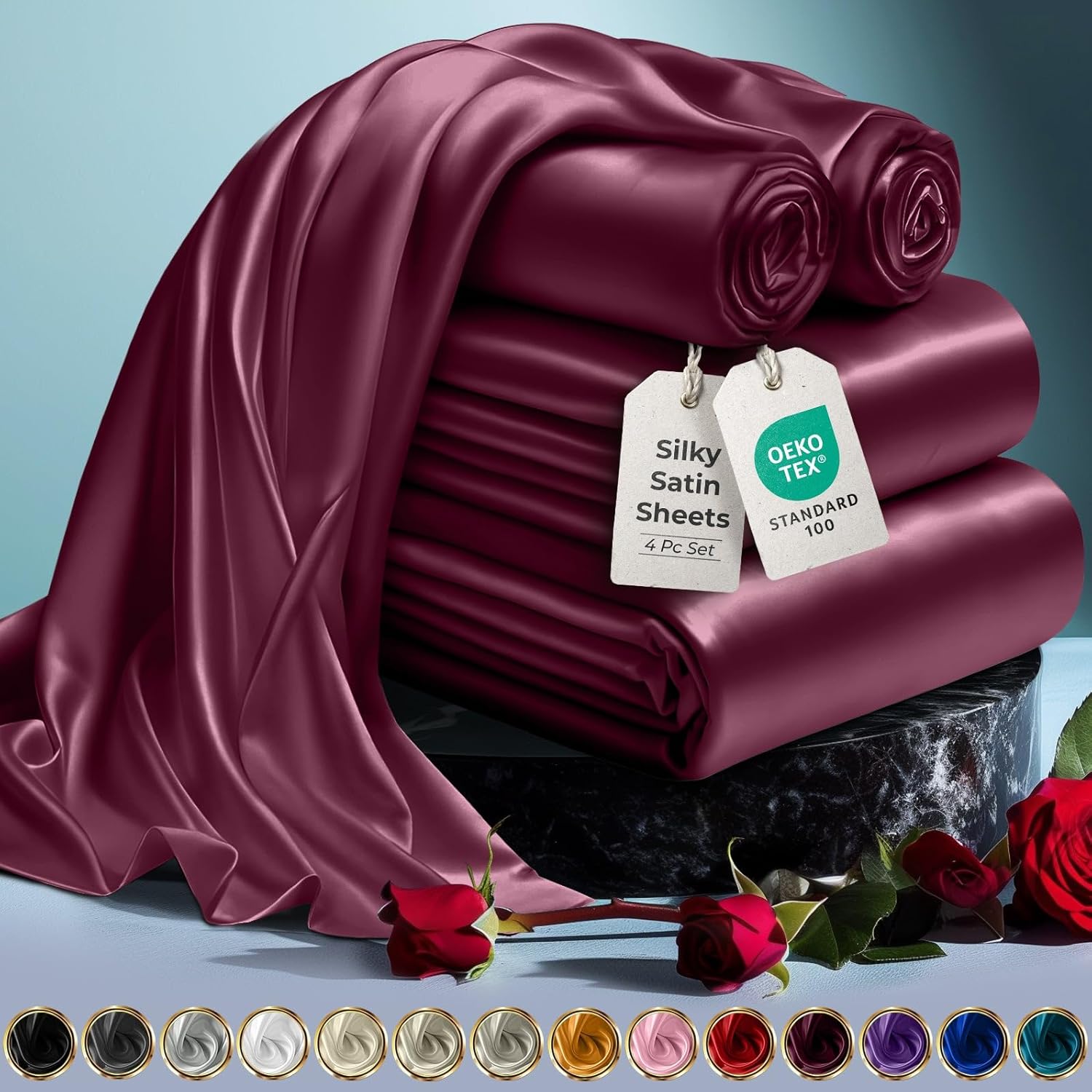 Luxury Satin Bedding Set - Silky Sheets Deep Pocket Wrinkle-Free Skin-Friendly - Picture 145 of 150