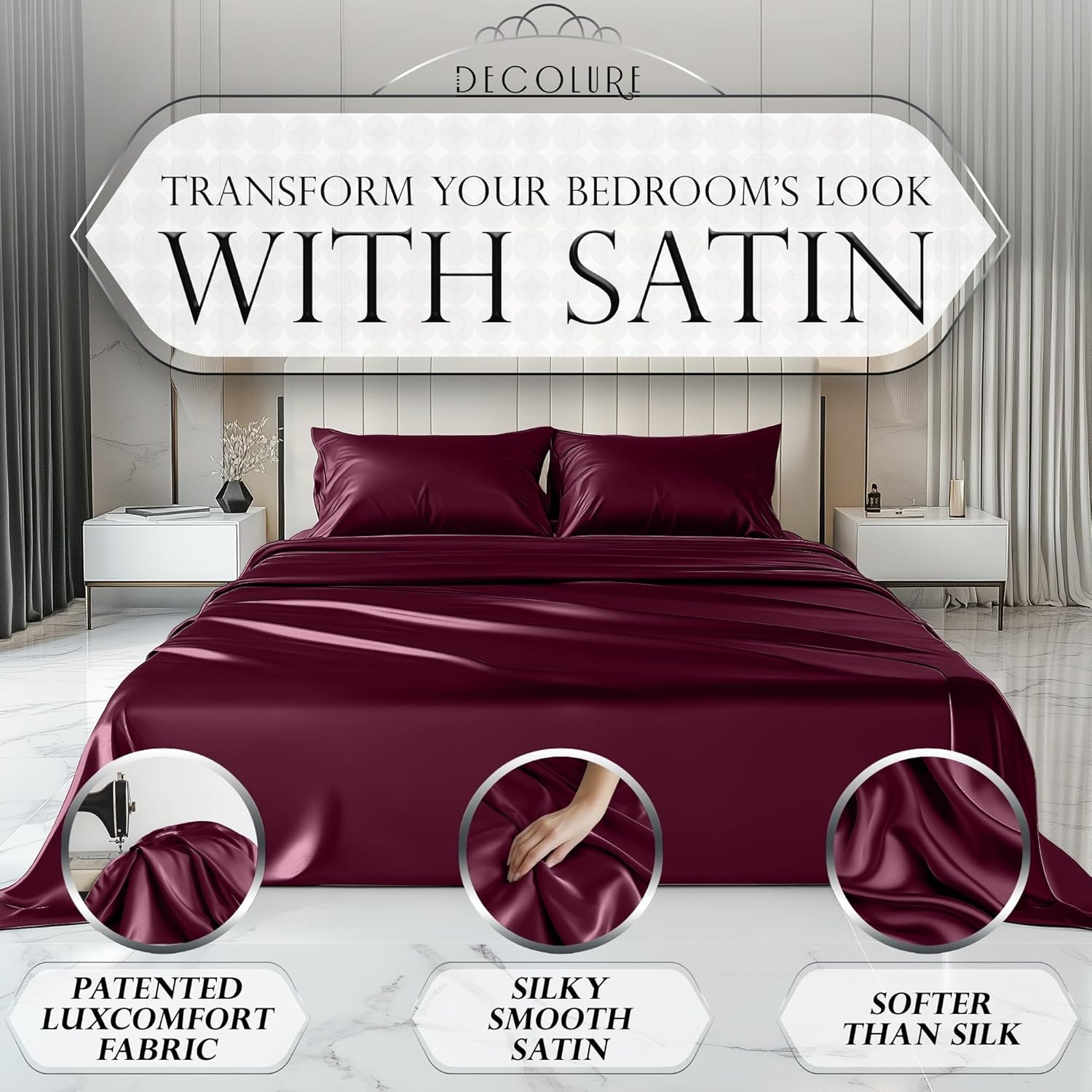 Luxury Satin Bedding Set - Silky Sheets Deep Pocket Wrinkle-Free Skin-Friendly - Picture 146 of 150