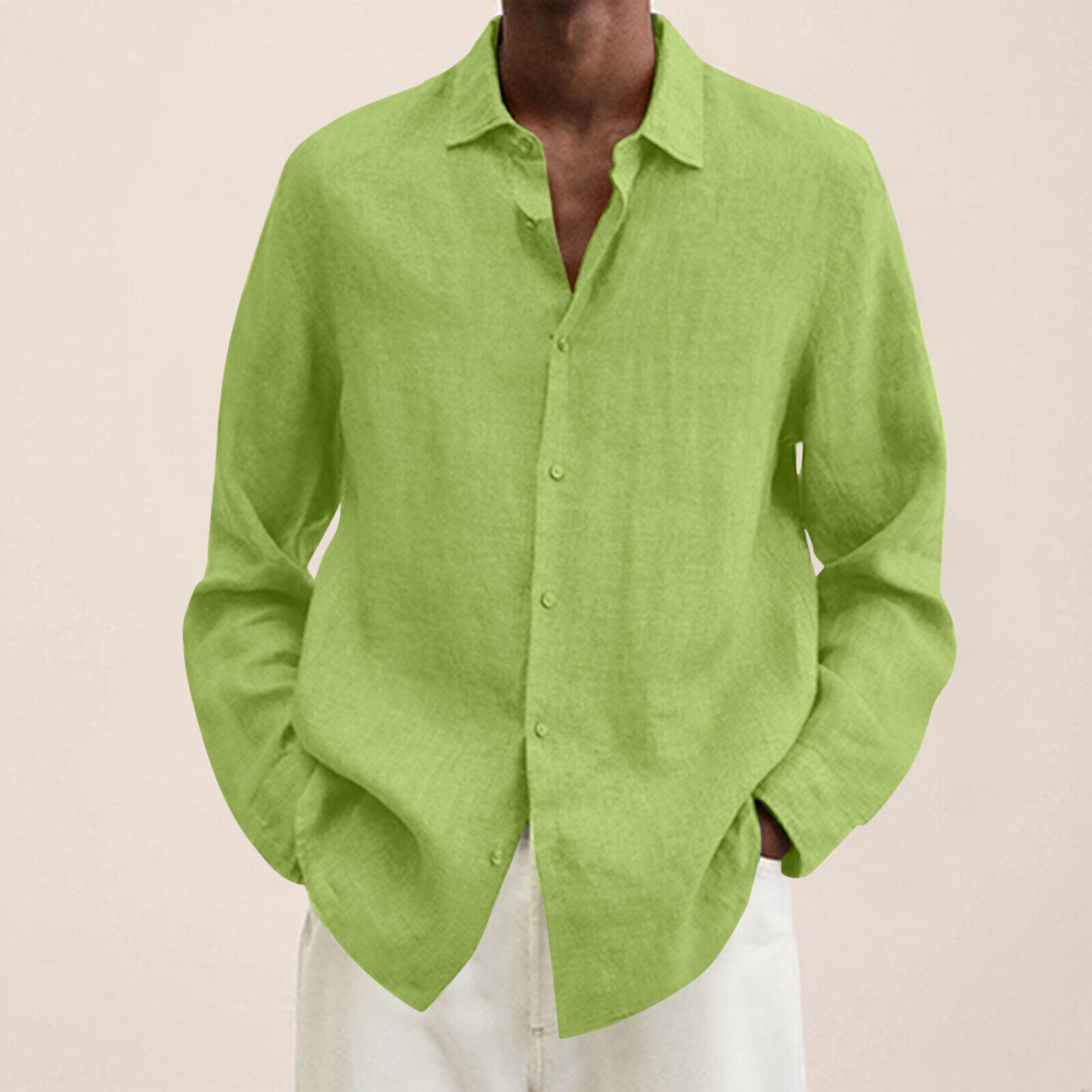 Camisa de vestir informal de lino de algodón de manga larga con botones holgada para hombre Reino Unido - Imagen 35 de 35