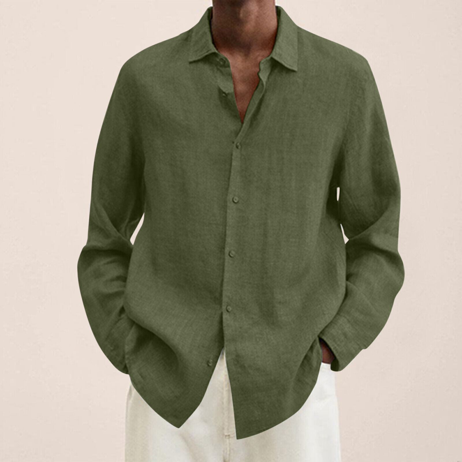 Camisa de vestir informal de lino de algodón de manga larga con botones holgada para hombre Reino Unido - Imagen 24 de 35