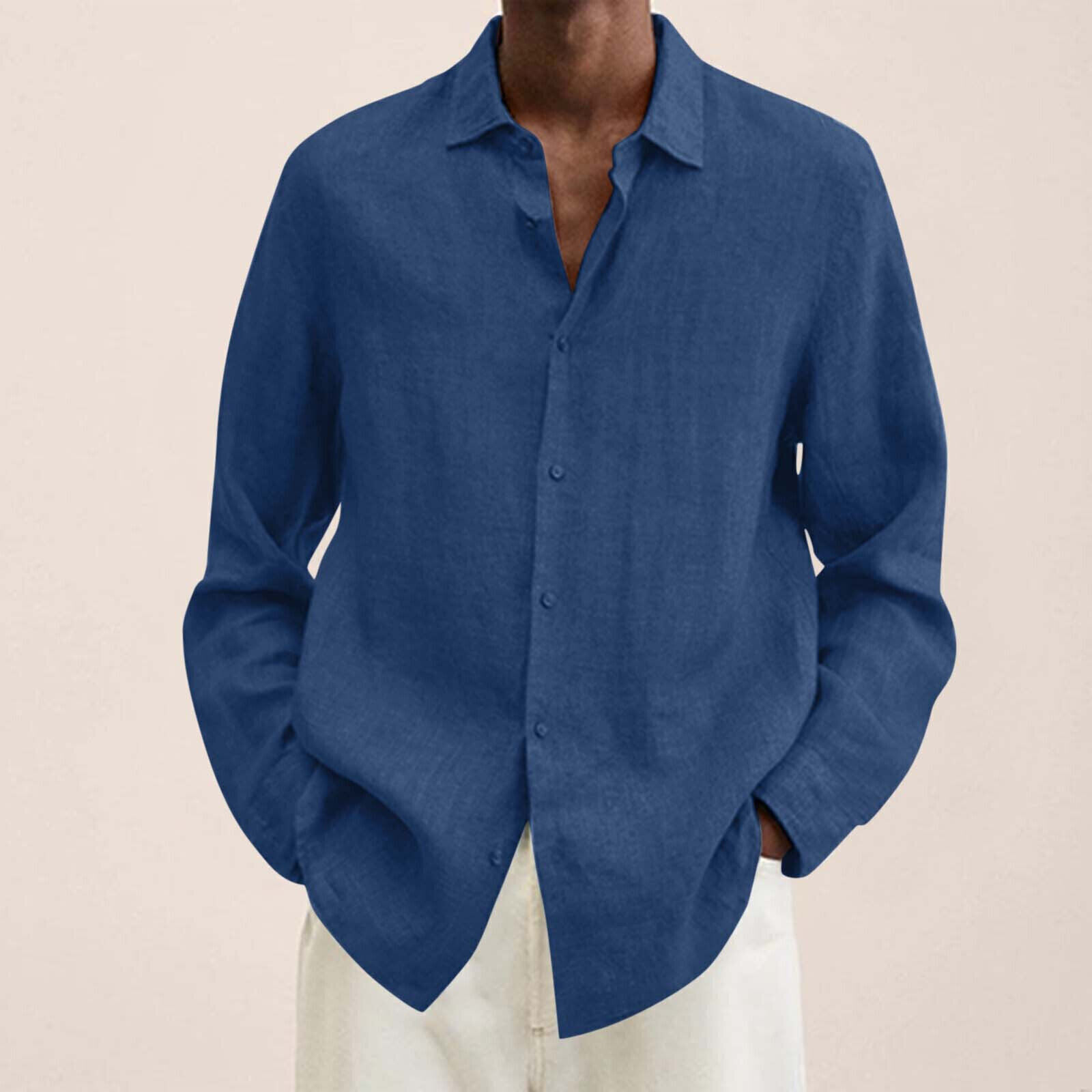 Camisa de vestir informal de lino de algodón de manga larga con botones holgada para hombre Reino Unido - Imagen 26 de 35