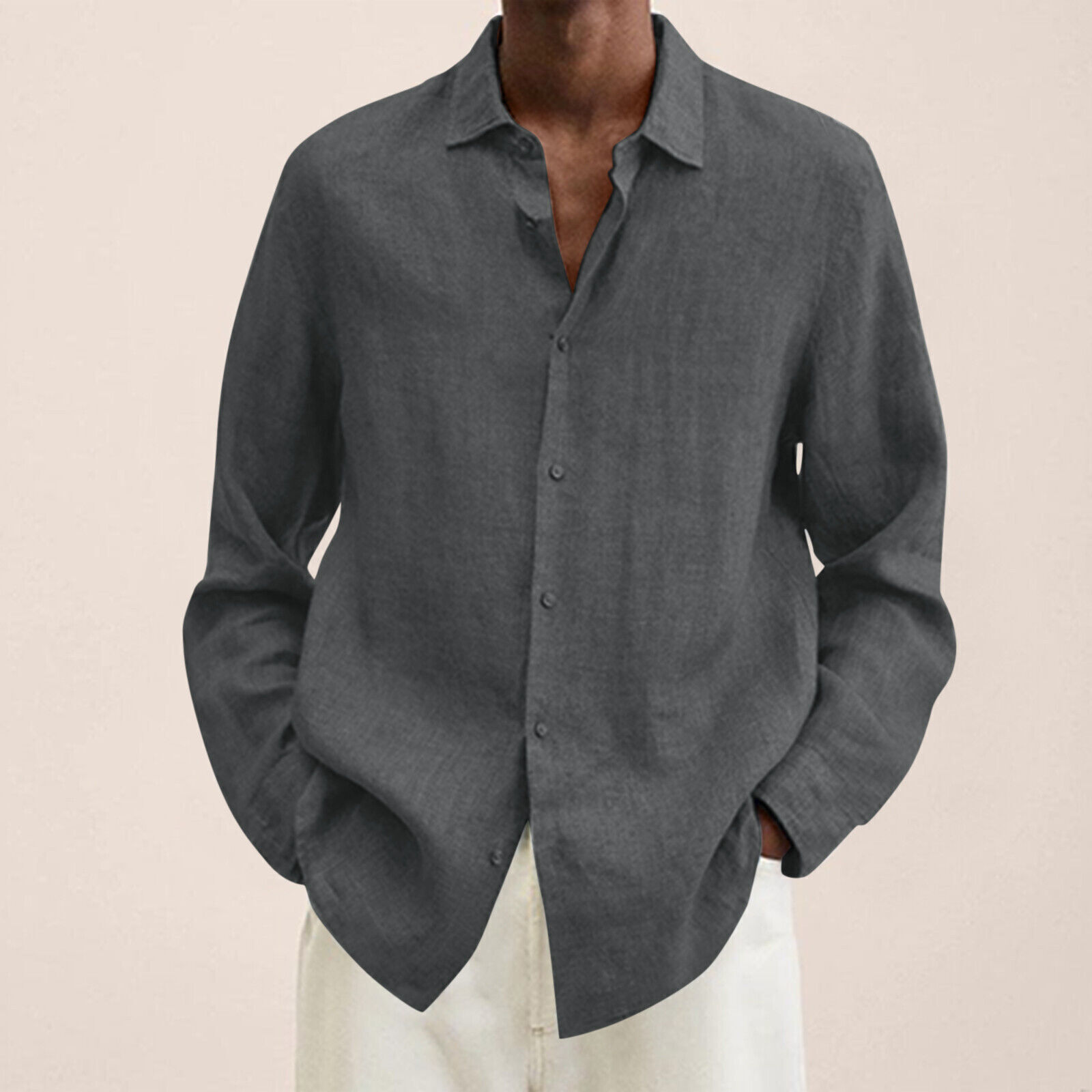 Camisa de vestir informal de lino de algodón de manga larga con botones holgada para hombre Reino Unido - Imagen 27 de 35