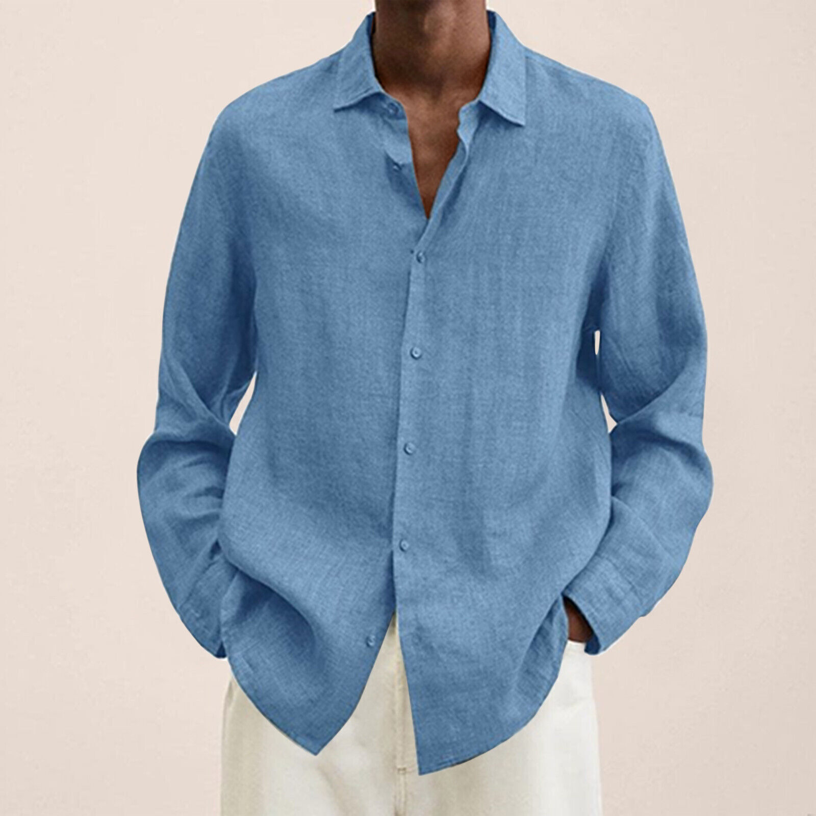 Camisa de vestir informal de lino de algodón de manga larga con botones holgada para hombre Reino Unido - Imagen 30 de 35