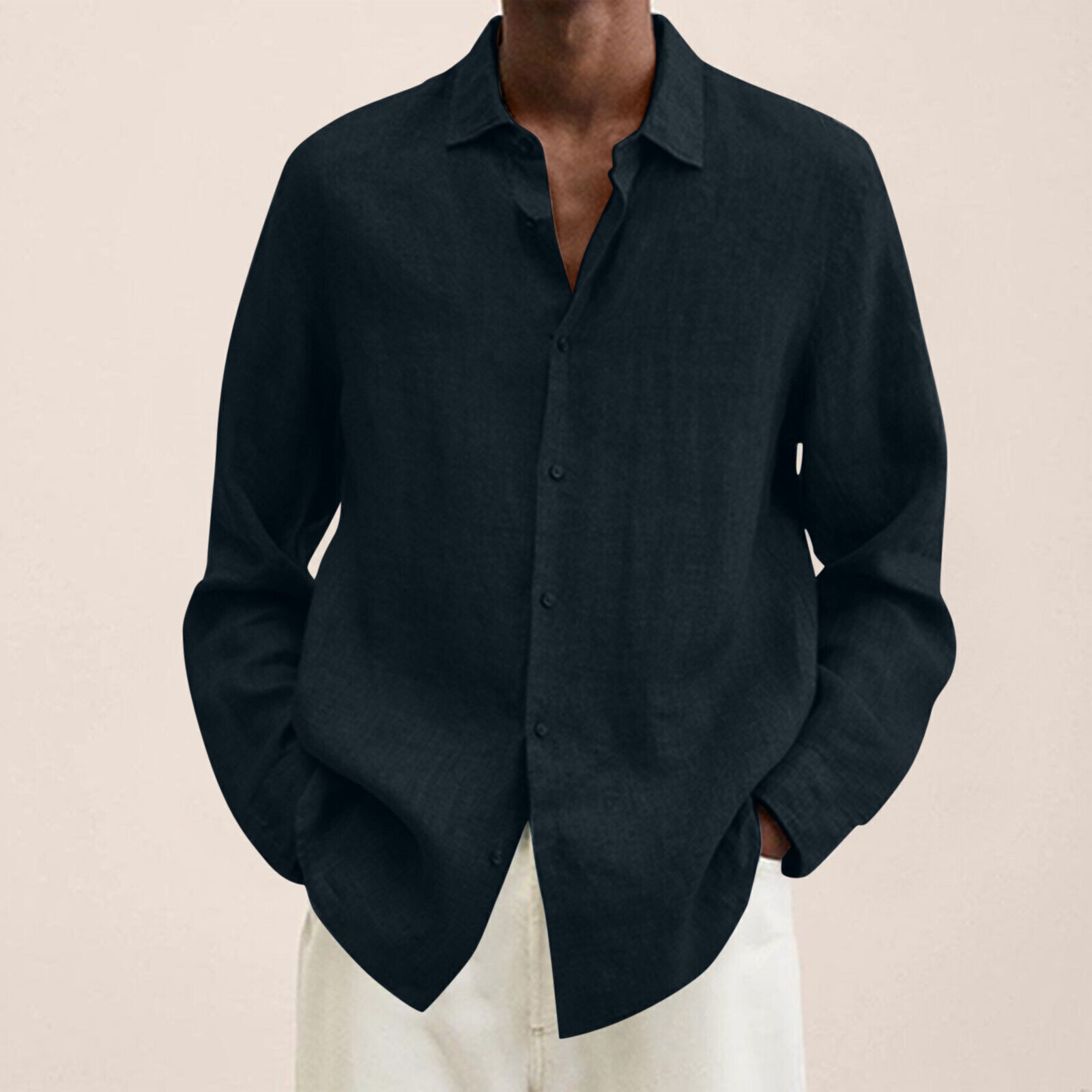 Camisa de vestir informal de lino de algodón de manga larga con botones holgada para hombre Reino Unido - Imagen 31 de 35