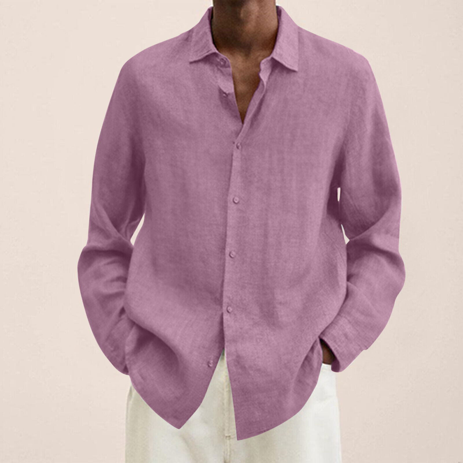 Camisa de vestir informal de lino de algodón de manga larga con botones holgada para hombre Reino Unido - Imagen 32 de 35