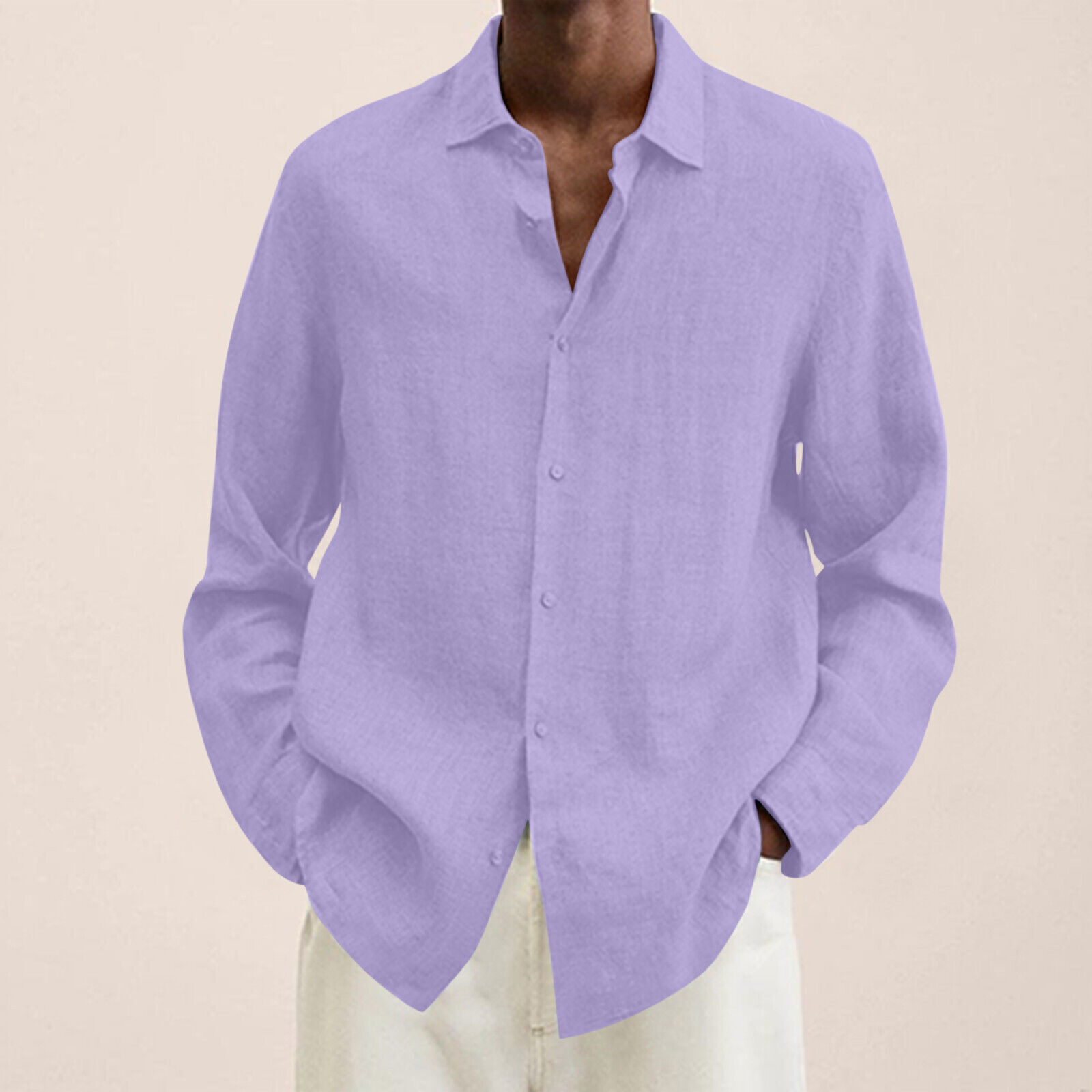 Camisa de vestir informal de lino de algodón de manga larga con botones holgada para hombre Reino Unido - Imagen 33 de 35