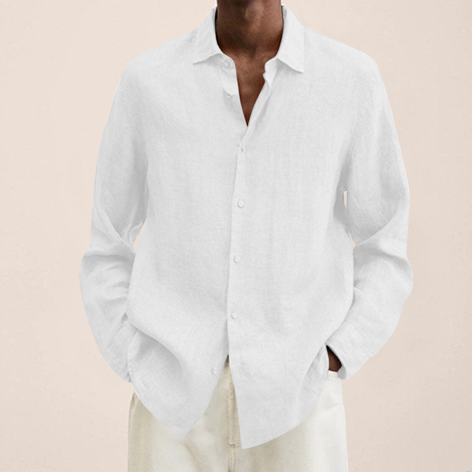 Camisa de vestir informal de lino de algodón de manga larga con botones holgada para hombre Reino Unido - Imagen 34 de 35
